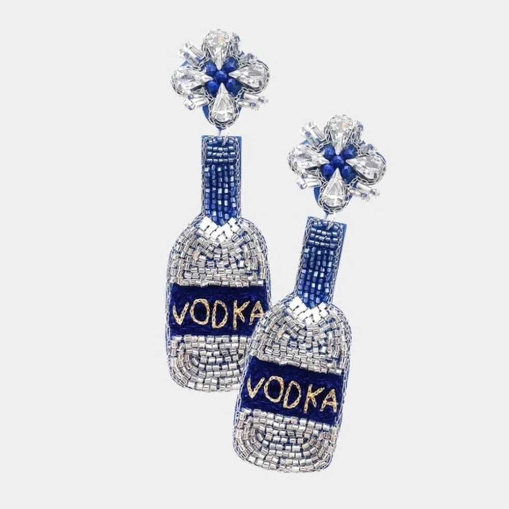 Blue and silver felt back vodka bottle fashion beaded earrings